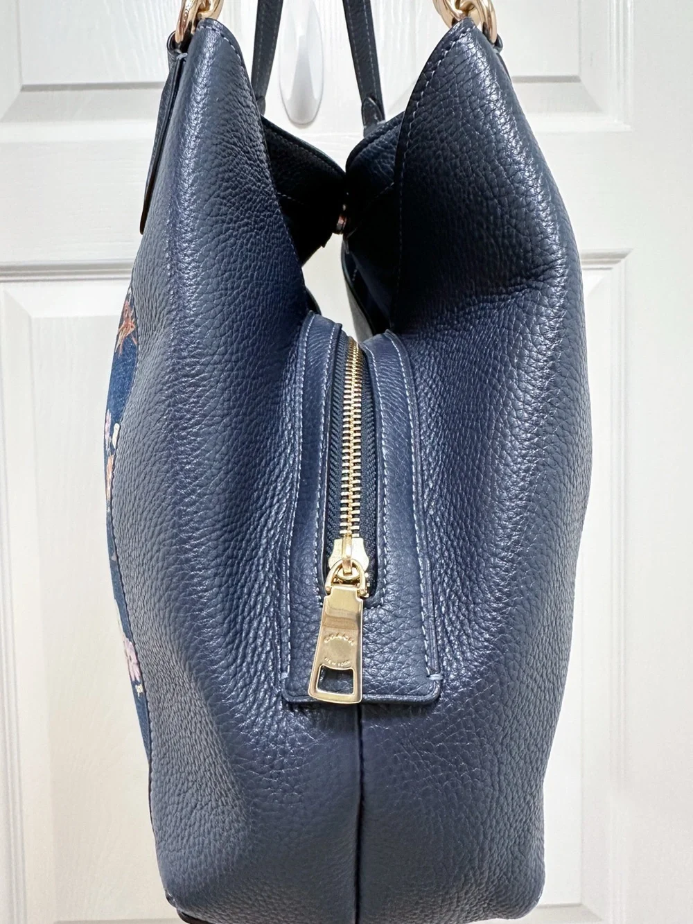 Coach Hallie Shoulder Bag Denim Floral Bouquet Print Navy Leather